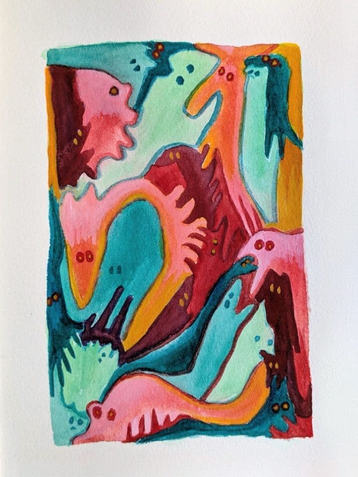 002=Les yeux jaunes, aquarelle, 14:19cm, 2026_Yellow eyes, watercolor, 5,5:7,5 inches, 2026.jpg